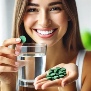 A happy person taking Spirulina tablets with water. The person is smiling and appears joyful, holding a glass of clear wate